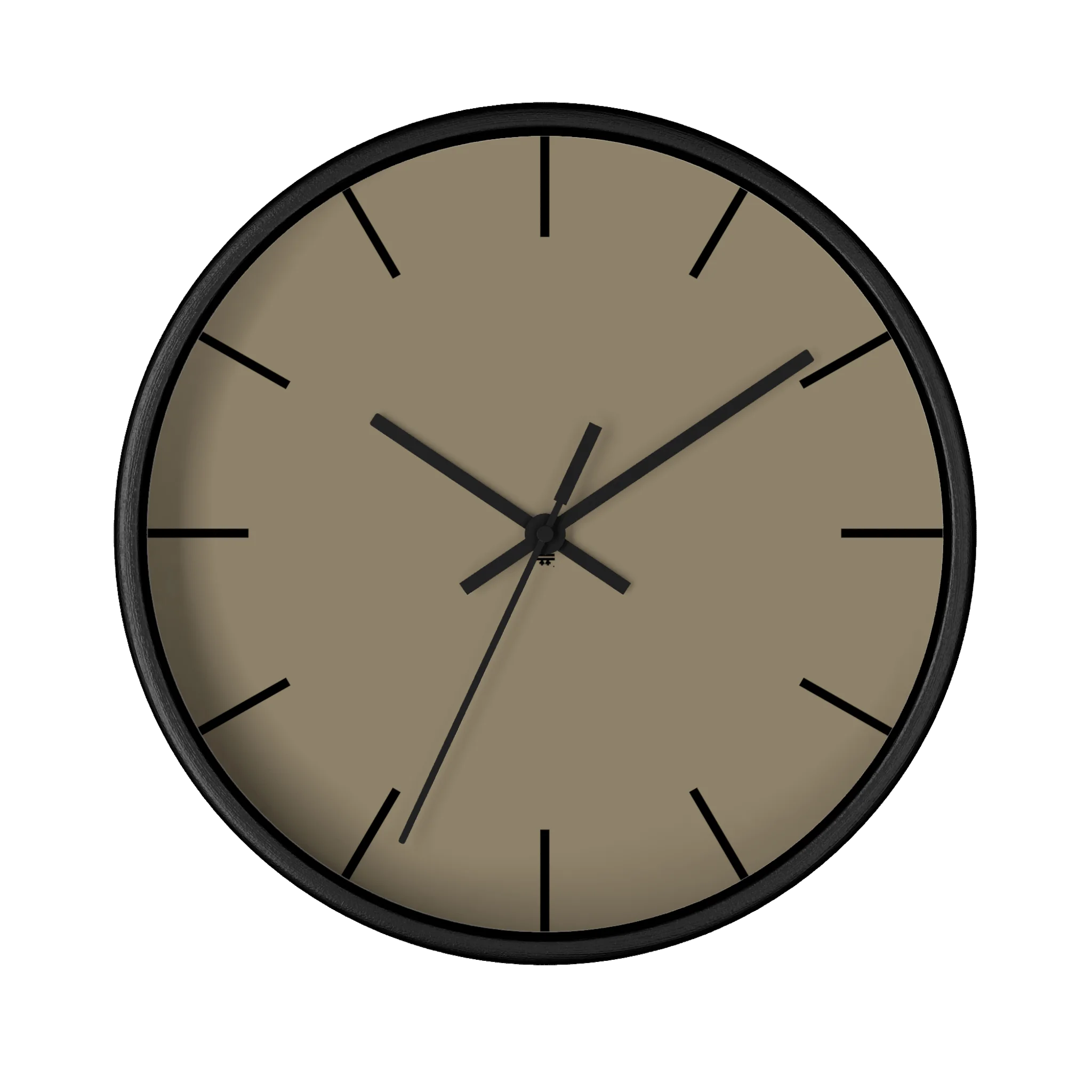 Neutral taupe silent wall clock, black base, black hands, black markers, 10 inch, front view.