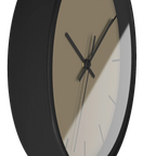 Neutral taupe silent wall clock, black base, black hands, black markers, 10 inch, side view.