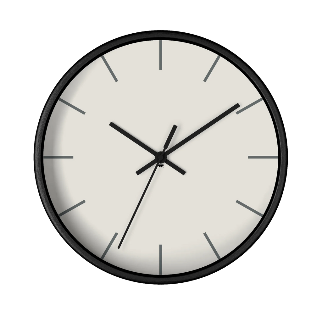 Off white silent wall clock, black base, black hands, grey markers, 10 inch, front view.
