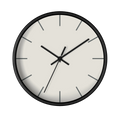 Off white silent wall clock, black base, black hands, grey markers, 10 inch, front view.