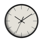 Off white silent wall clock, black base, black hands, grey markers, 10 inch, front view.