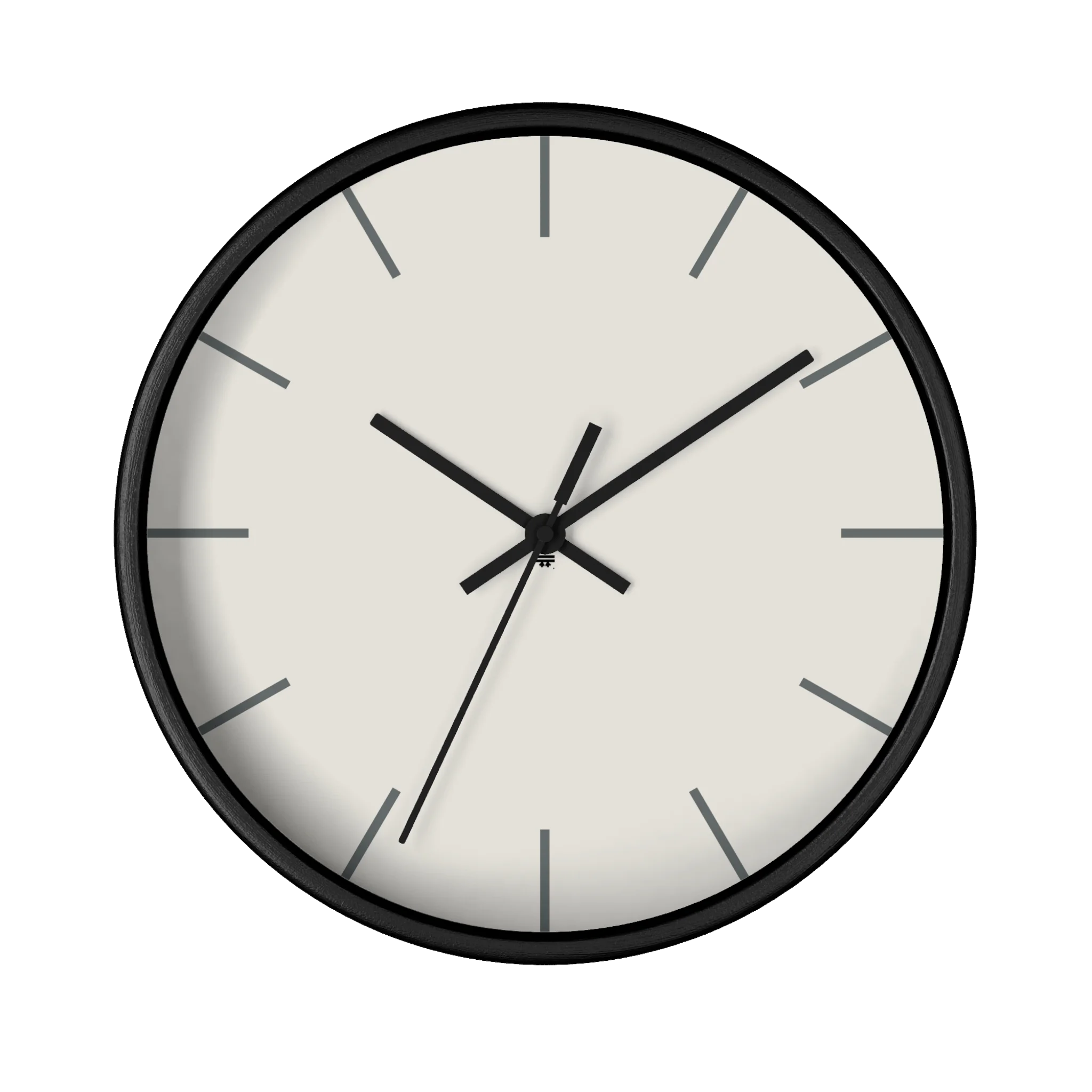 Off white silent wall clock, black base, black hands, grey markers, 10 inch, front view.