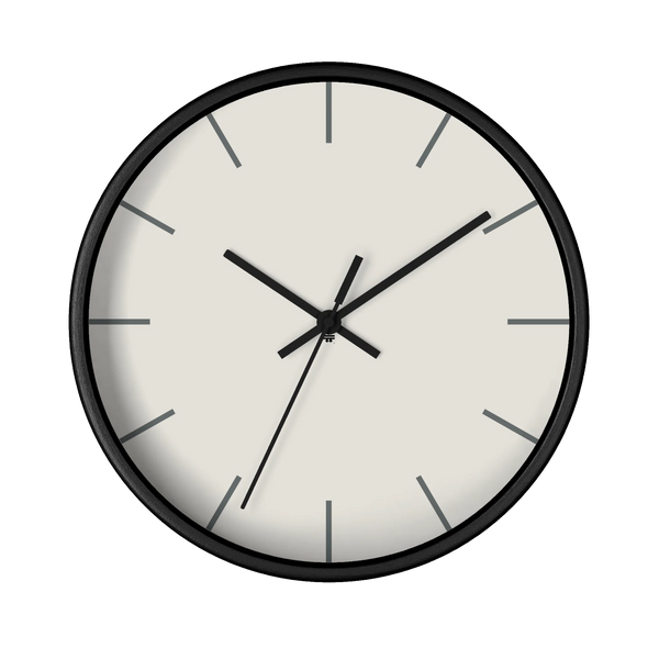 Off white silent wall clock, black base, black hands, grey markers, 10 inch, front view.