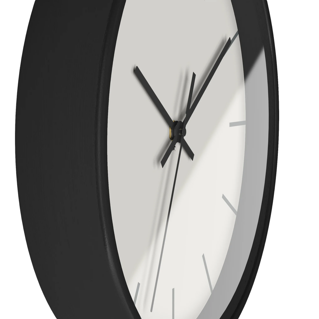 Off white silent wall clock, black base, black hands, grey markers, 10 inch, side view.