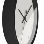 Off white silent wall clock, black base, black hands, grey markers, 10 inch, side view.
