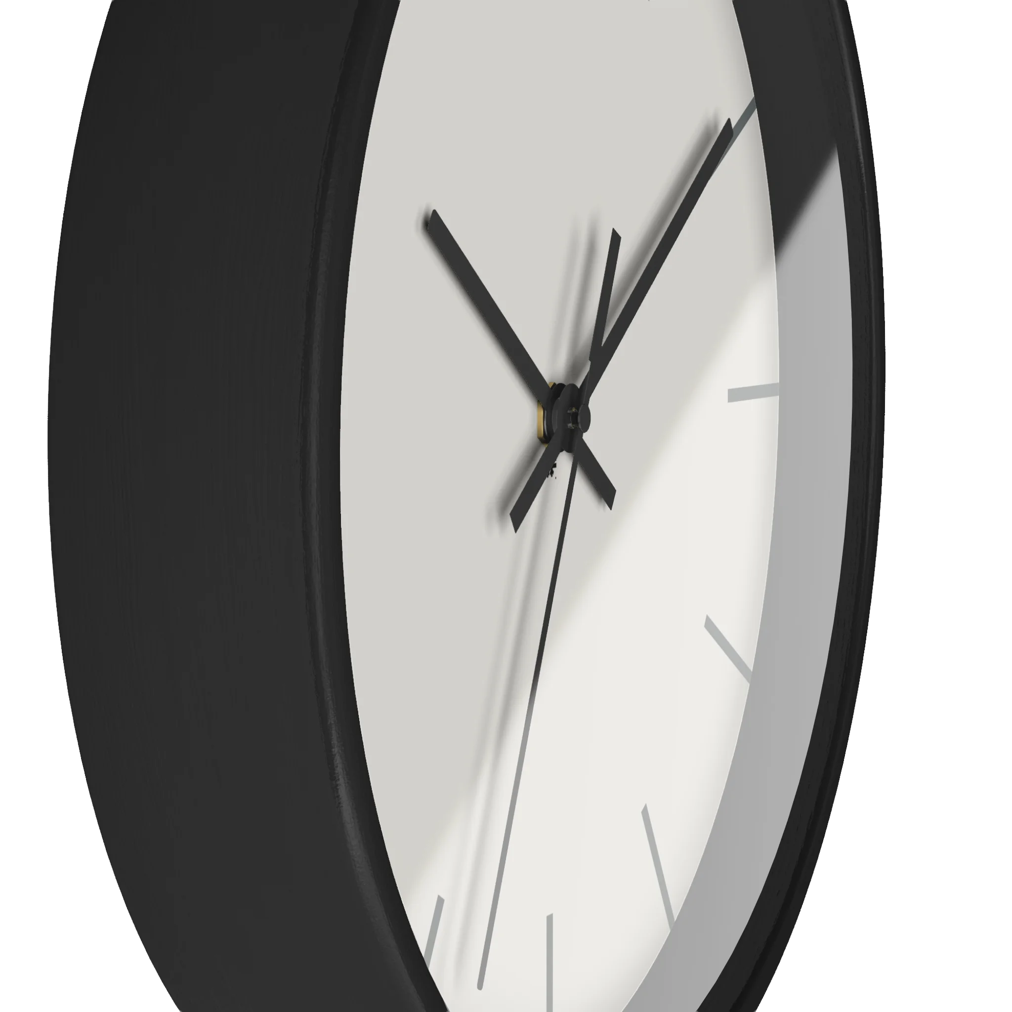 Off white silent wall clock, black base, black hands, grey markers, 10 inch, side view.