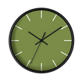 Olive green silent wall clock, black base, black hands, white markers, 10 inch, front view.