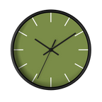 Olive green silent wall clock, black base, black hands, white markers, 10 inch, front view.