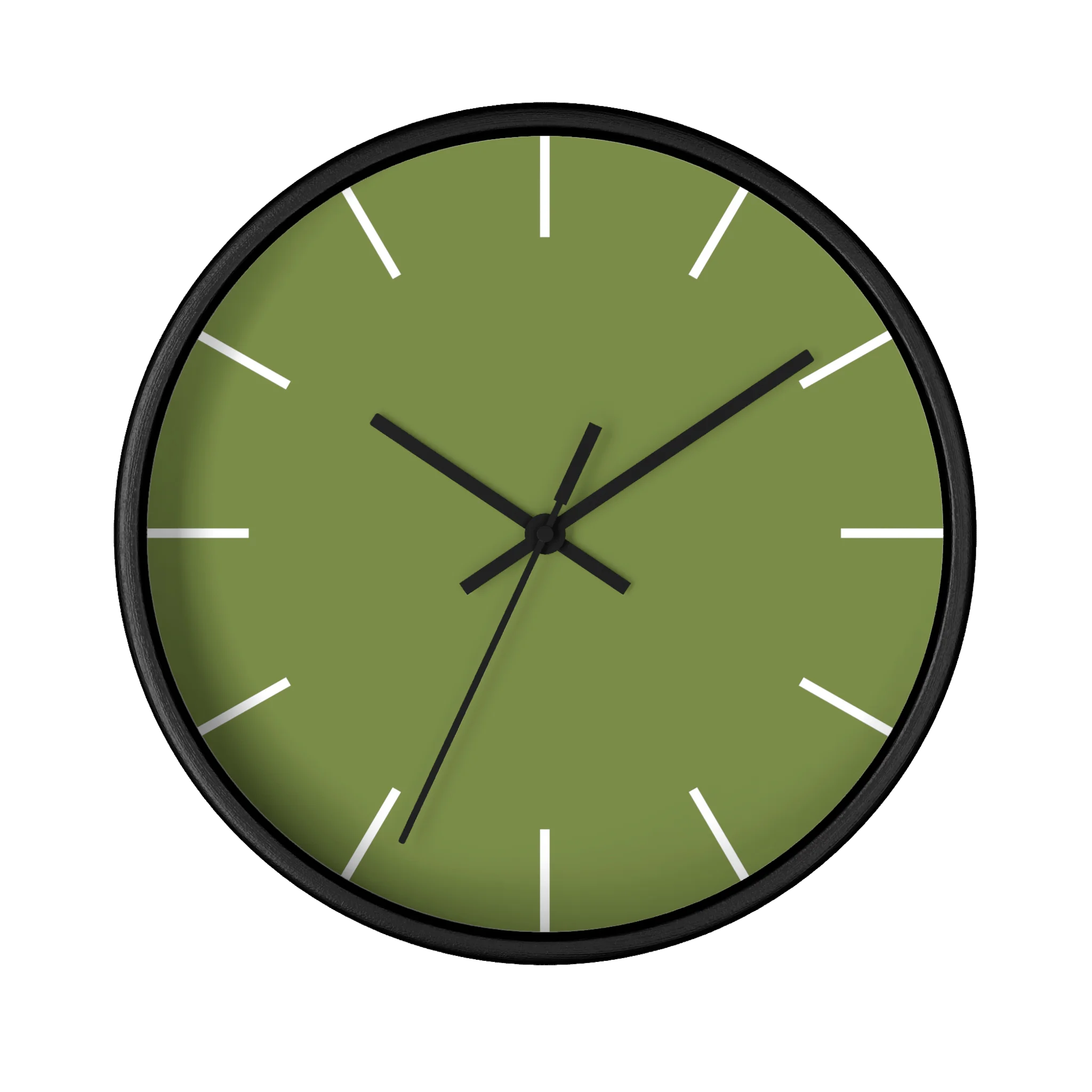 Olive green silent wall clock, black base, black hands, white markers, 10 inch, front view.