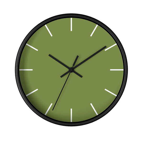 Olive green silent wall clock, black base, black hands, white markers, 10 inch, front view.