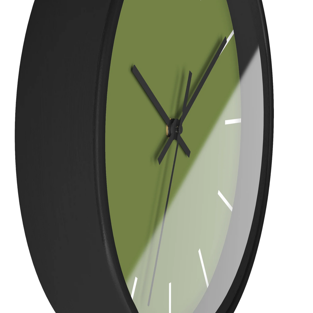 Olive green silent wall clock, black base, black hands, white markers, 10 inch, side view.