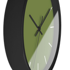 Olive green silent wall clock, black base, black hands, white markers, 10 inch, side view.