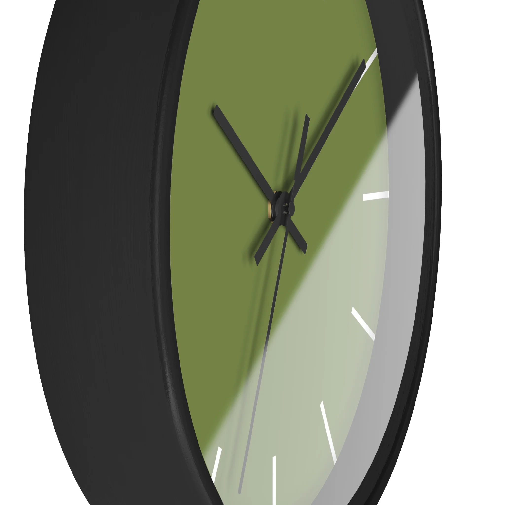 Olive green silent wall clock, black base, black hands, white markers, 10 inch, side view.