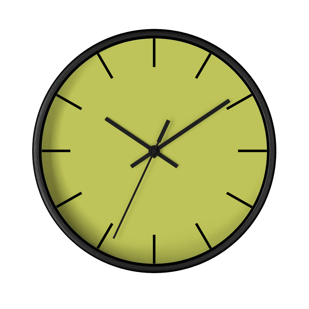 Orchid lime green silent wall clock, black base, black hands, black markers, 10 inch, front view.