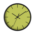Orchid lime green silent wall clock, black base, black hands, black markers, 10 inch, front view.