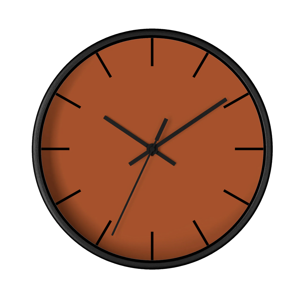 Paarl terracotta silent wall clock, black base, black hands, black markers, 10 inch, front view.