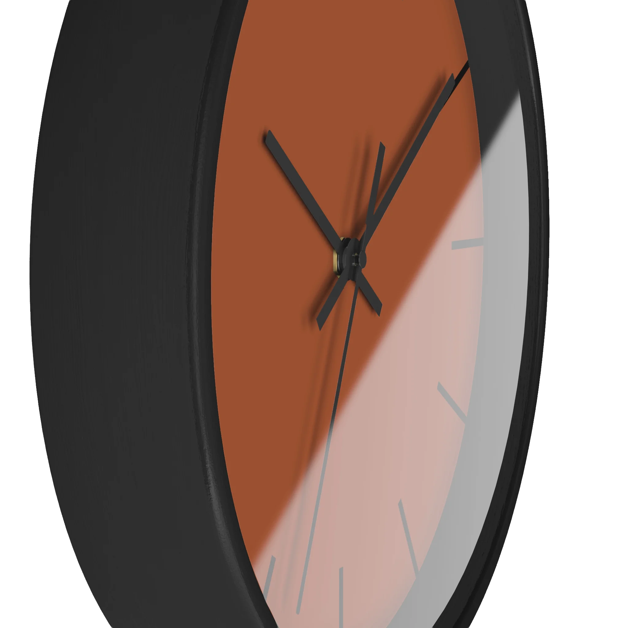 Paarl terracotta silent wall clock, black base, black hands, black markers, 10 inch, side view.