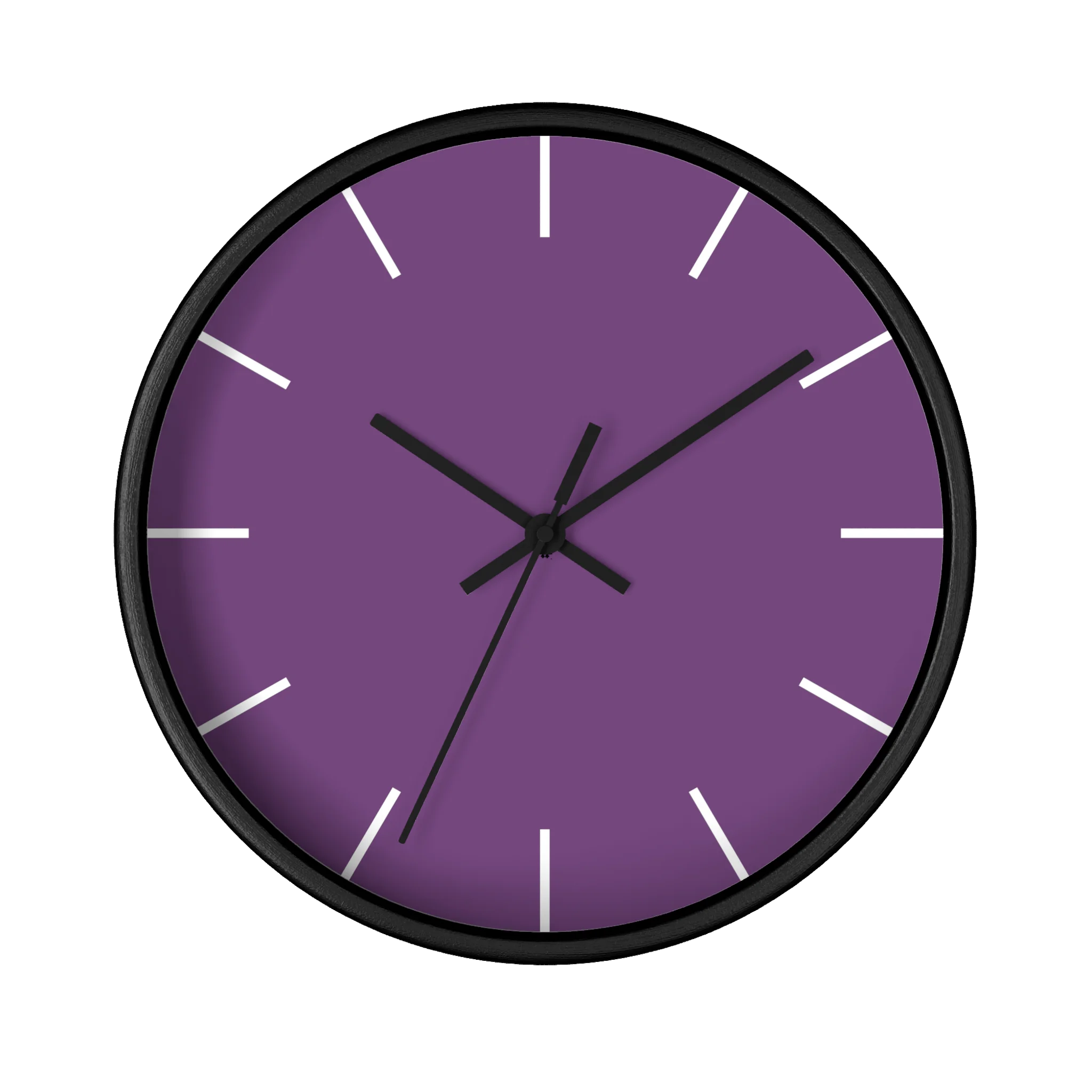 Purple silent wall clock, black base, black hands, white markers, 10 inch, front view.