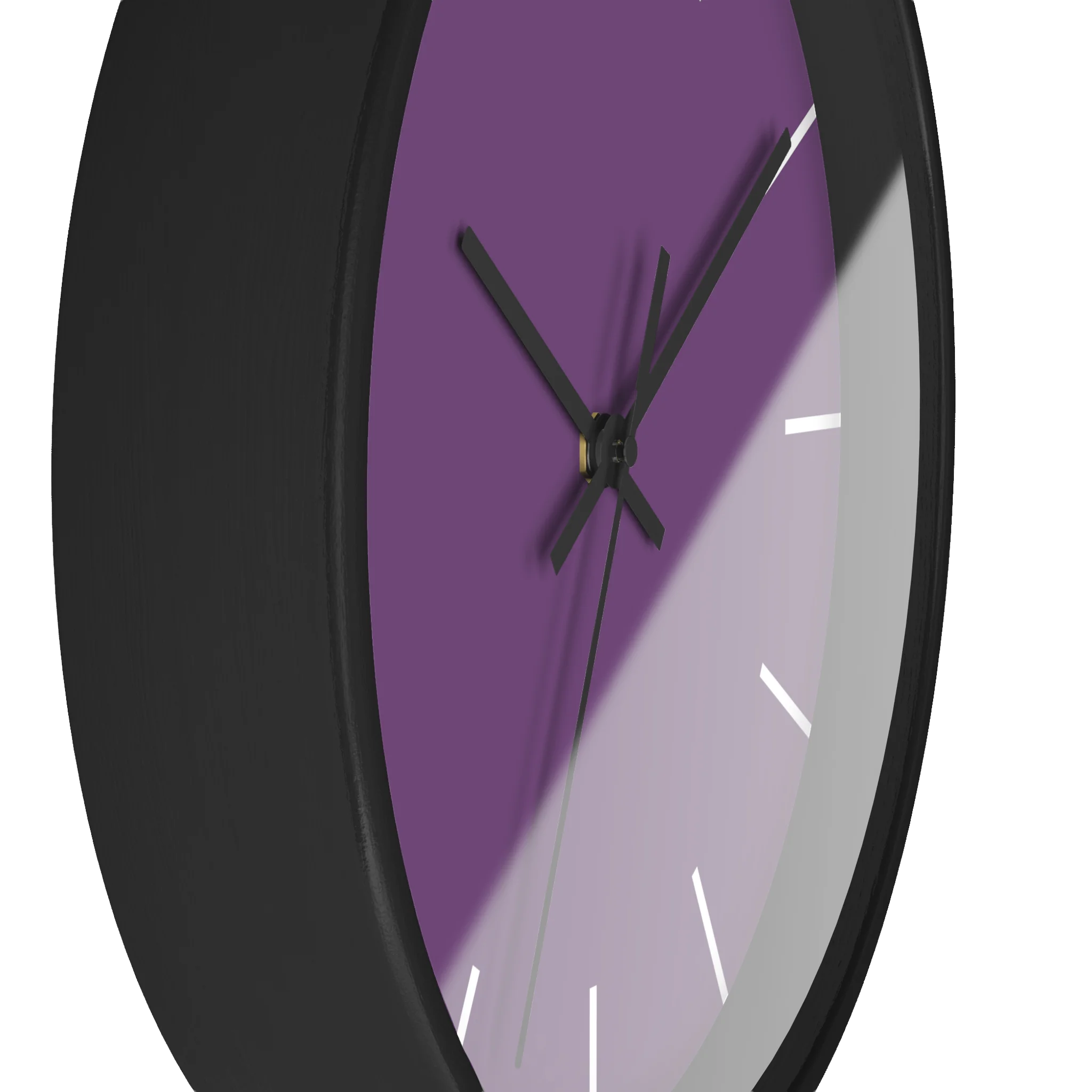 Purple silent wall clock, black base, black hands, white markers, 10 inch, side view.