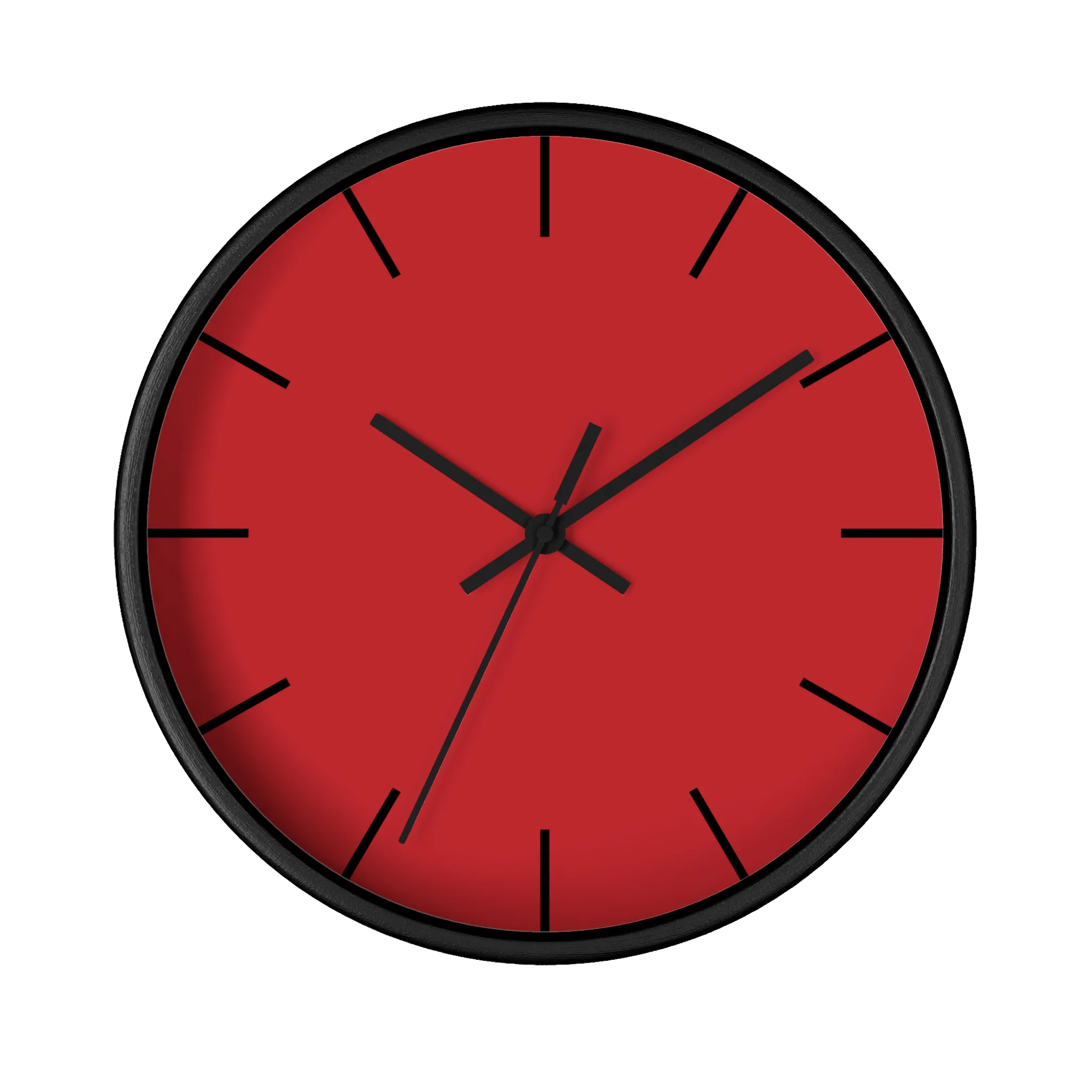 Red silent wall clock, black base, black hands, black markers, 10 inch, front view.