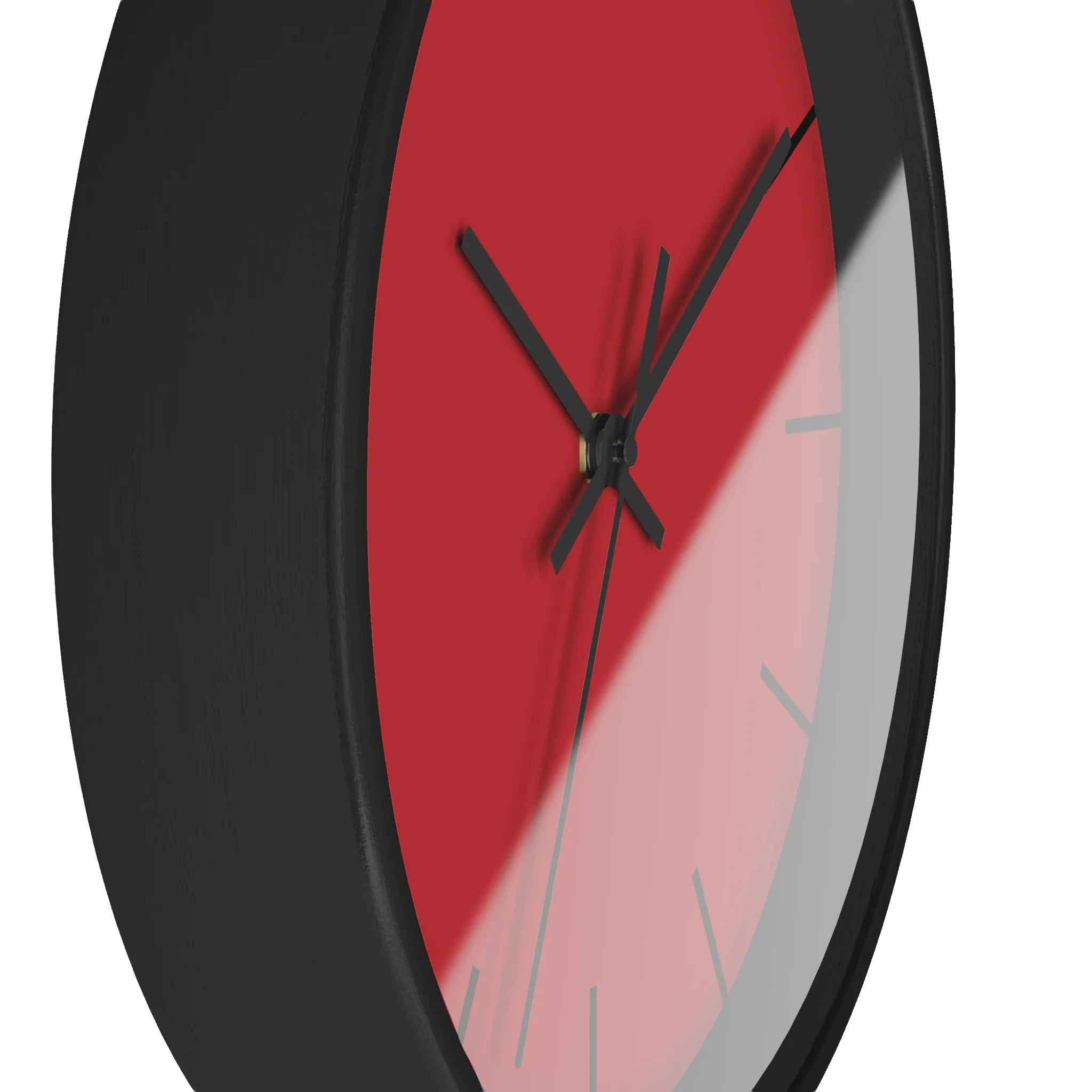 Red silent wall clock, black base, black hands, black markers, 10 inch, side view.