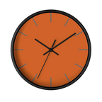 Roman earth rust orange silent wall clock, black base, black hands, grey markers, 10 inch, front view.