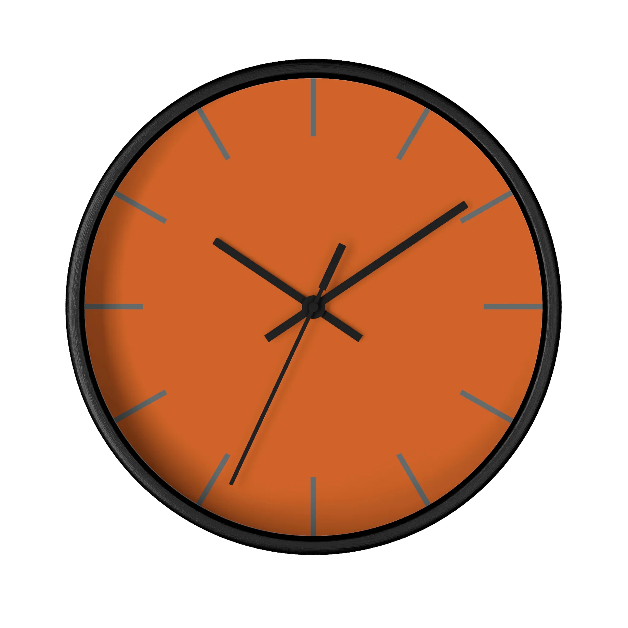 Roman earth rust orange silent wall clock, black base, black hands, grey markers, 10 inch, front view.