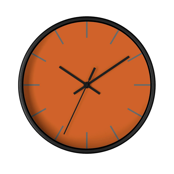 Roman earth rust orange silent wall clock, black base, black hands, grey markers, 10 inch, front view.