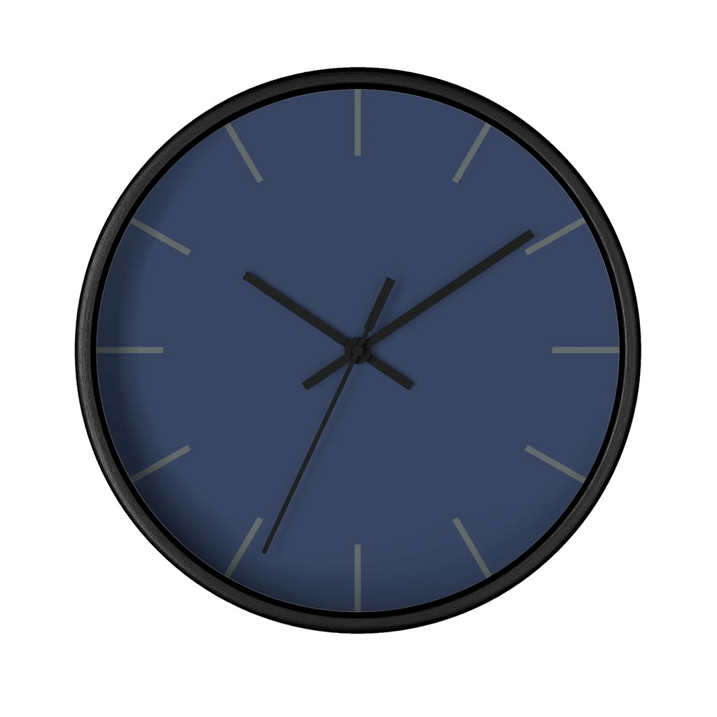 Rugged blue navy silent wall clock, black base, black hands, dark grey markers, 10 inch, front view.