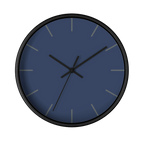 Rugged blue navy silent wall clock, black base, black hands, dark grey markers, 10 inch, front view.
