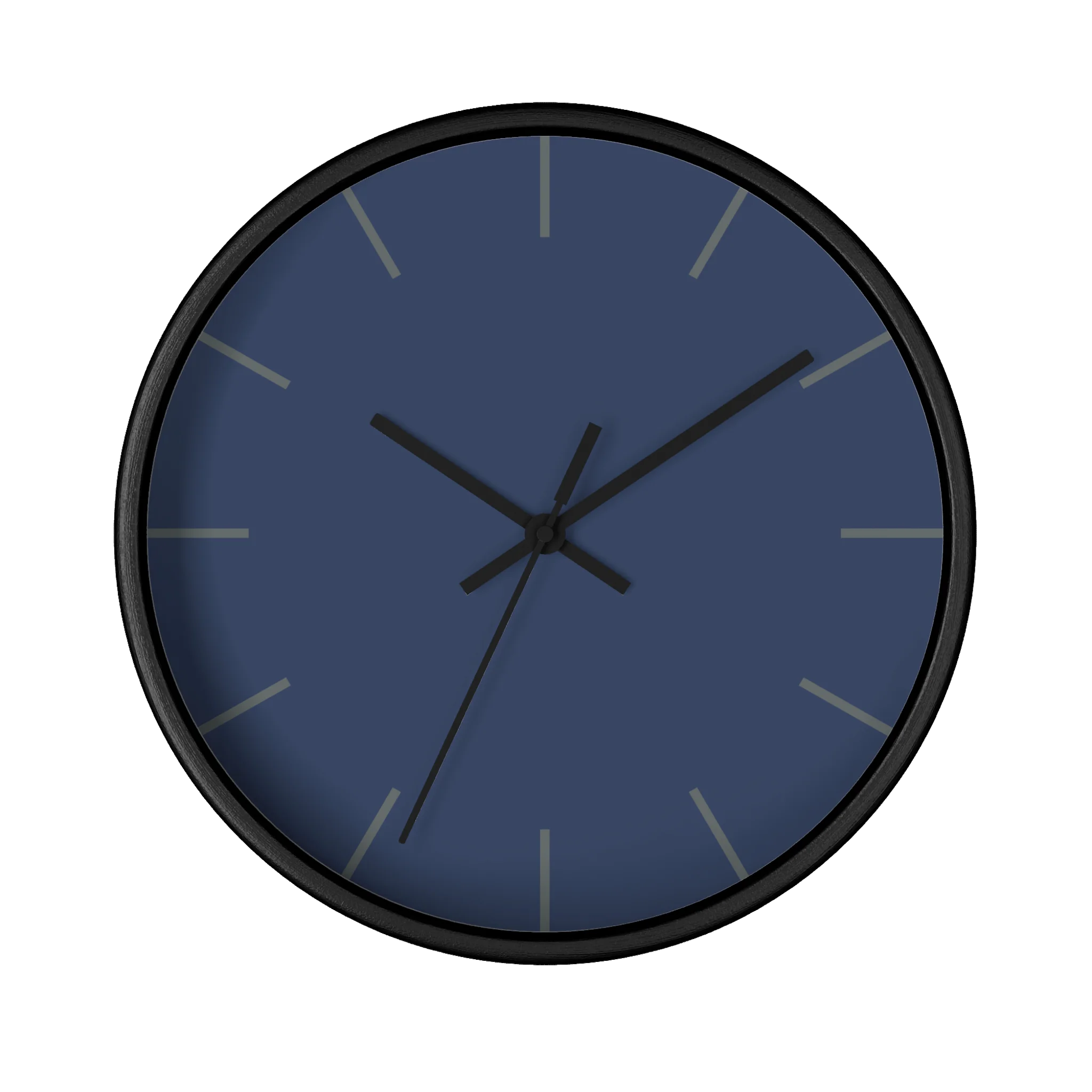 Rugged blue navy silent wall clock, black base, black hands, dark grey markers, 10 inch, front view.