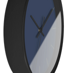 Rugged blue navy silent wall clock, black base, black hands, dark grey markers, 10 inch, side view.