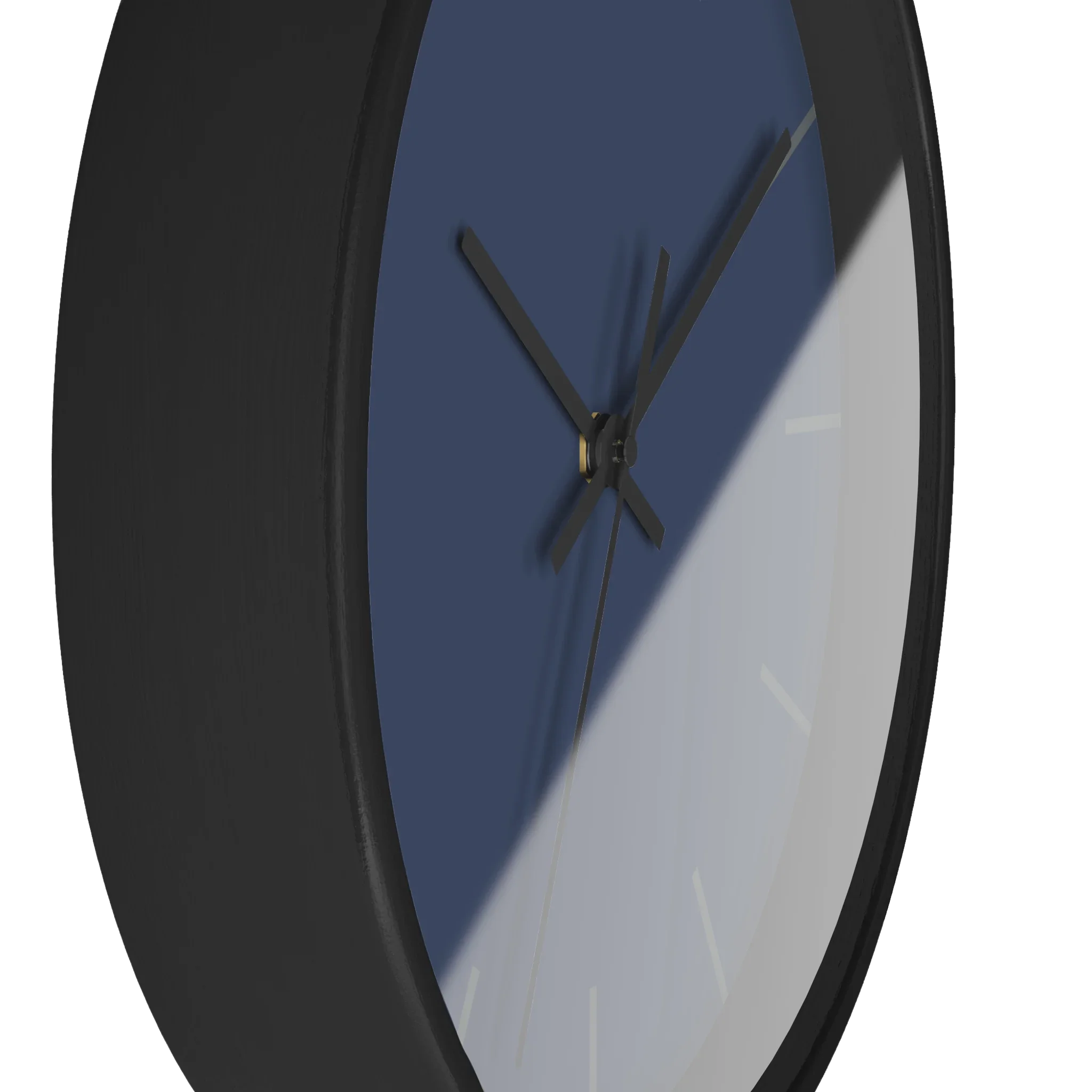 Rugged blue navy silent wall clock, black base, black hands, dark grey markers, 10 inch, side view.