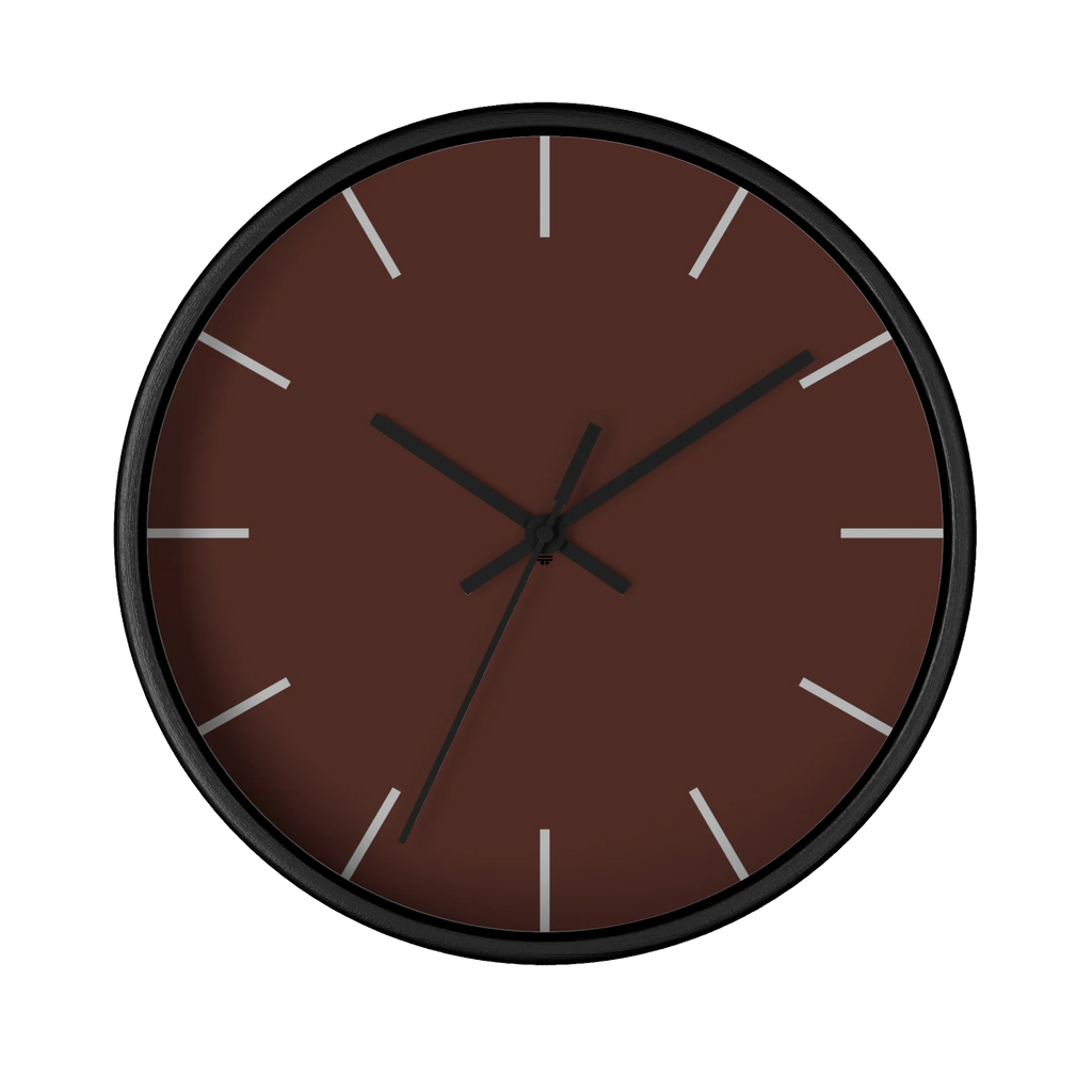 Saddle brown silent wall clock, black base, black hands, off white markers, 10 inch, front view.