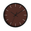 Saddle brown silent wall clock, black base, black hands, off white markers, 10 inch, front view.