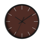 Saddle brown silent wall clock, black base, black hands, off white markers, 10 inch, front view.