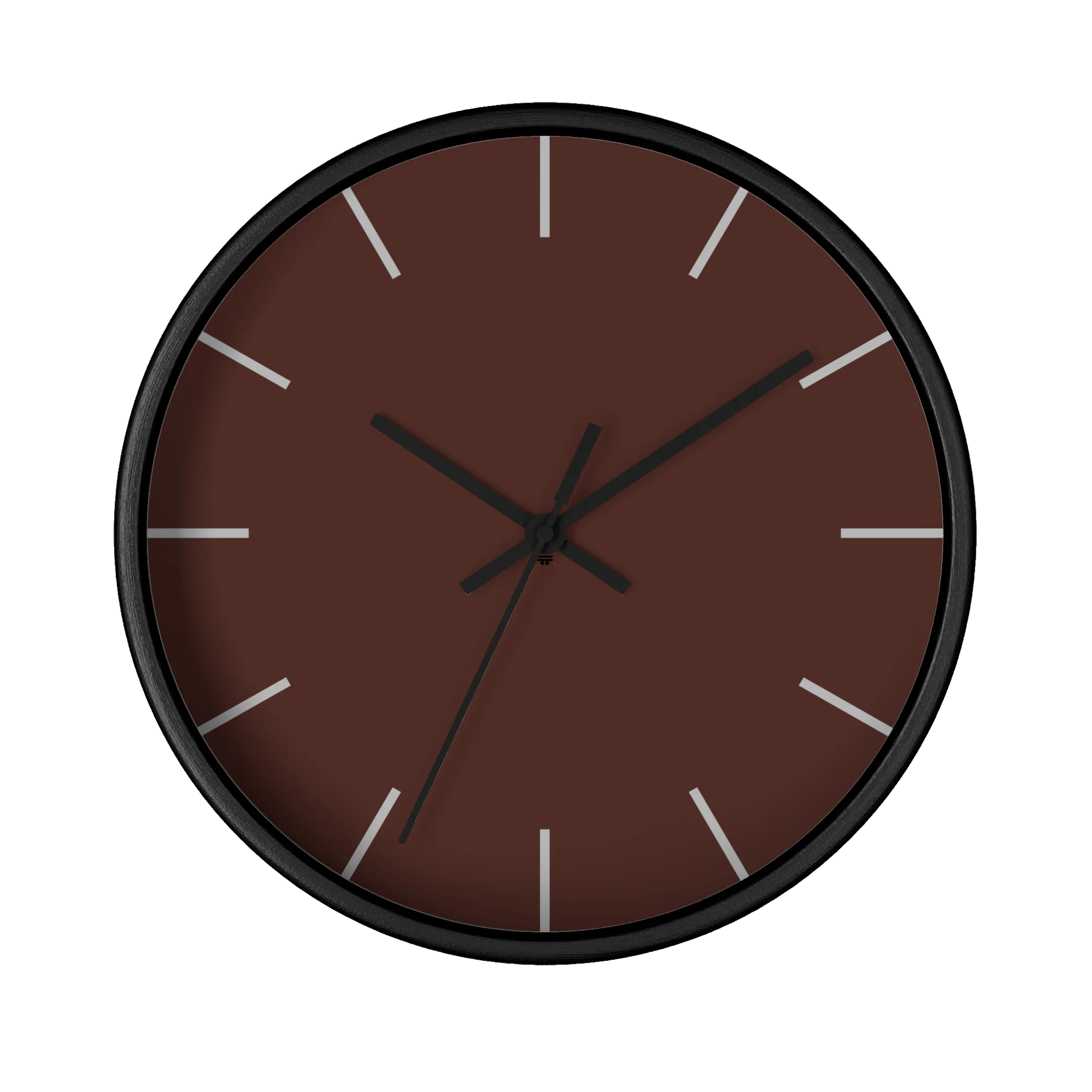 Saddle brown silent wall clock, black base, black hands, off white markers, 10 inch, front view.