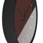Saddle brown silent wall clock, black base, black hands, off white markers, 10 inch, side view.