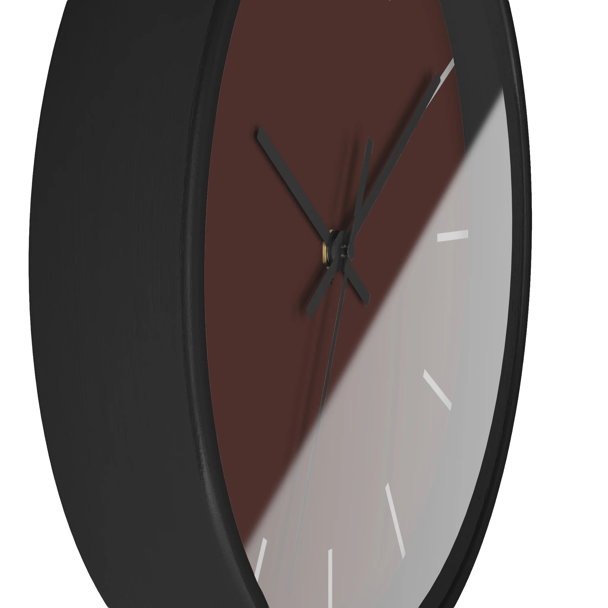 Saddle brown silent wall clock, black base, black hands, off white markers, 10 inch, side view.