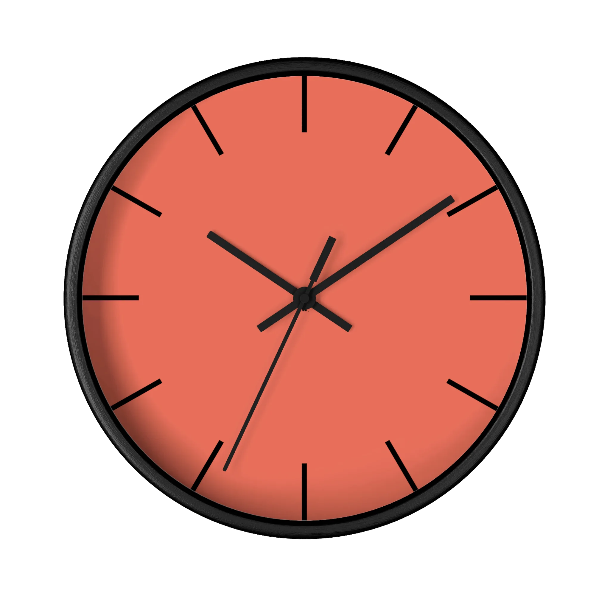 Salmon red coral silent wall clock, black base, black hands, black markers, 10 inch, front view.