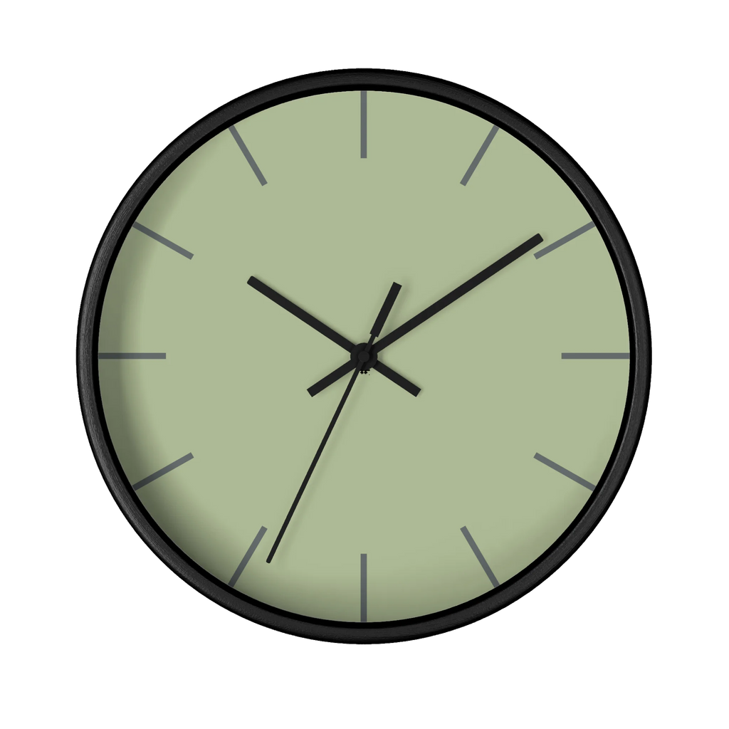 Schist green silent wall clock, black base, black hands, dark grey markers, 10 inch, front view.