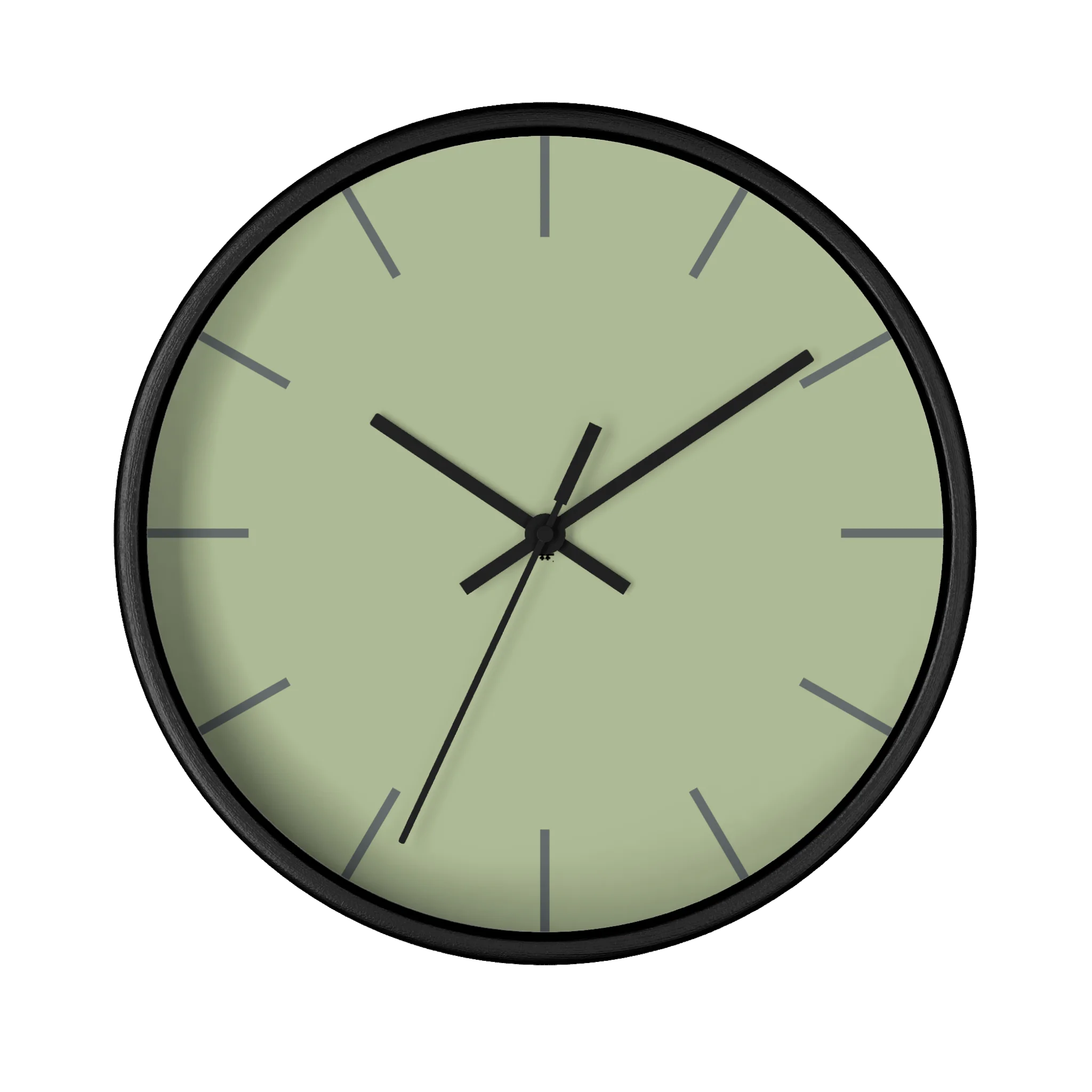 Schist green silent wall clock, black base, black hands, dark grey markers, 10 inch, front view.