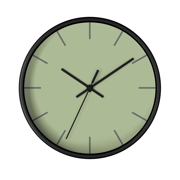 Schist green silent wall clock, black base, black hands, dark grey markers, 10 inch, front view.