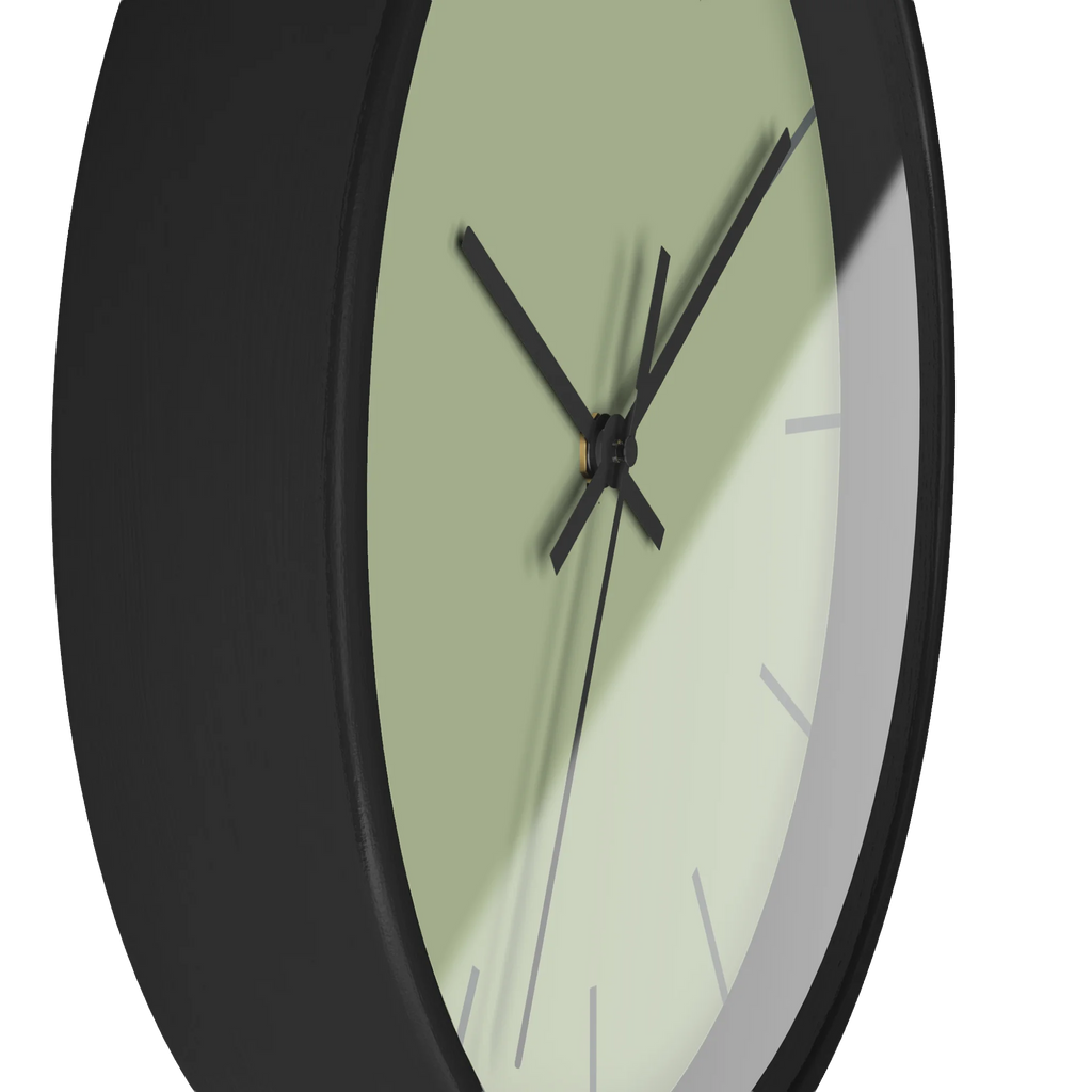 Schist green silent wall clock, black base, black hands, dark grey markers, 10 inch, side view.