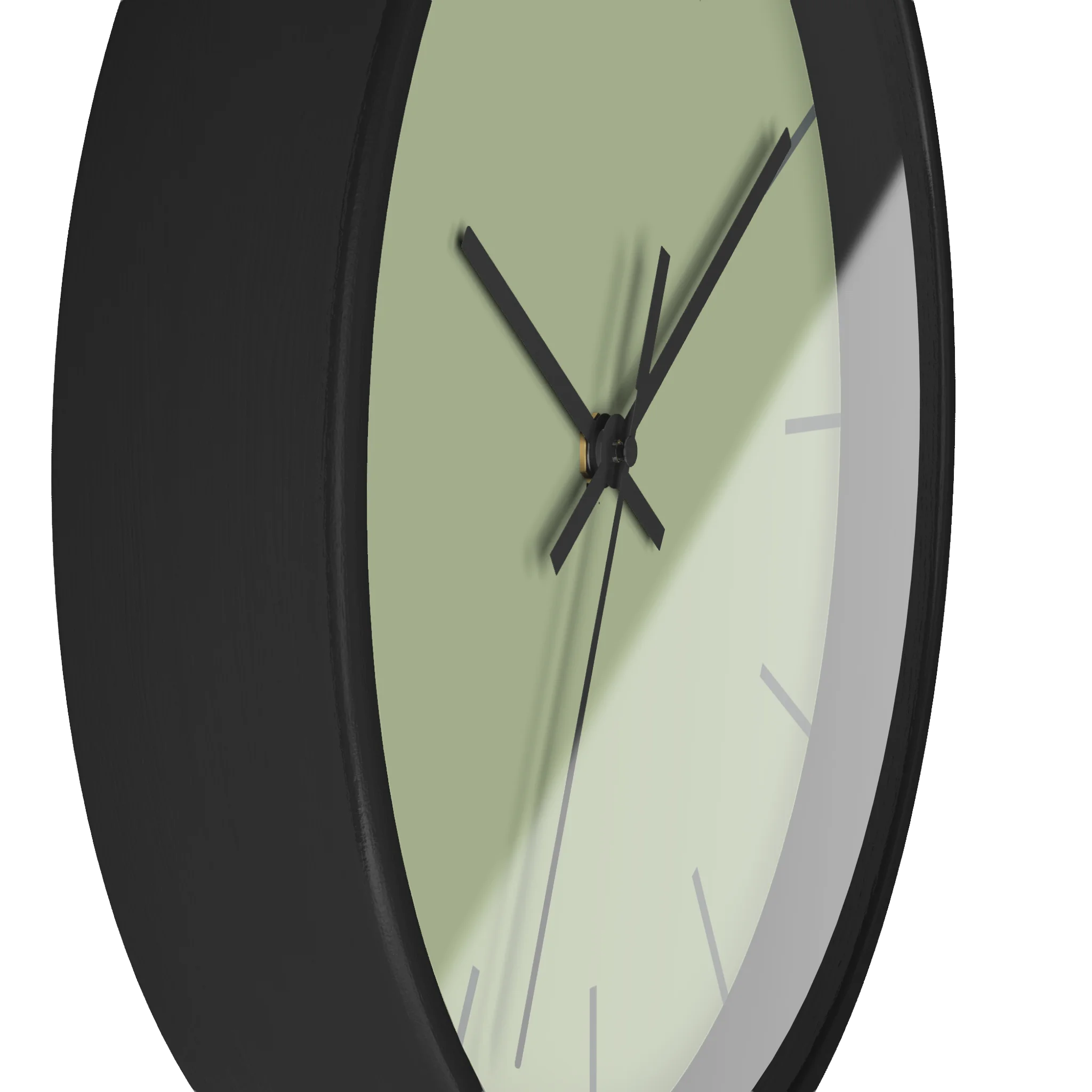 Schist green silent wall clock, black base, black hands, dark grey markers, 10 inch, side view.