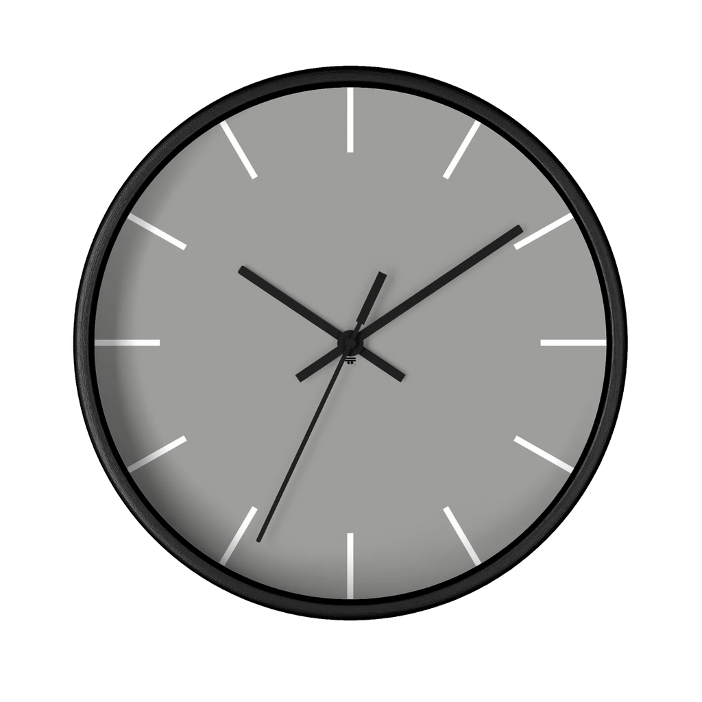 Stardust grey silent wall clock, black base, black hands, white markers, 10 inch, front view.