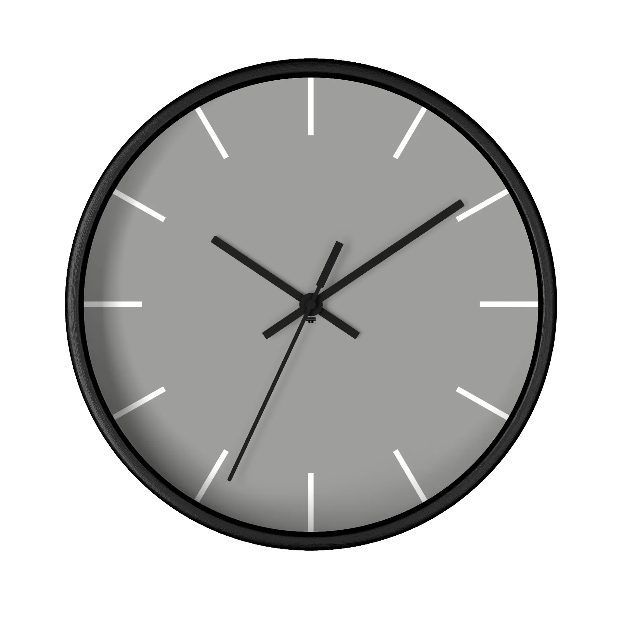 Stardust grey silent wall clock, black base, black hands, white markers, 10 inch, front view.
