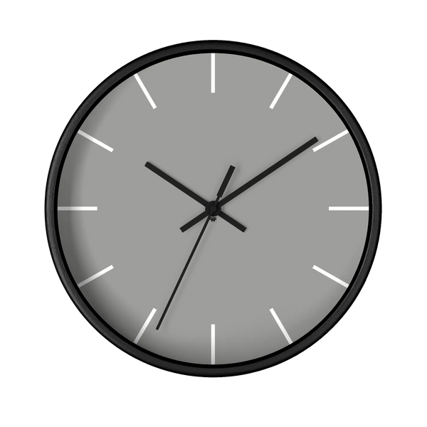 Stardust grey silent wall clock, black base, black hands, white markers, 10 inch, front view.