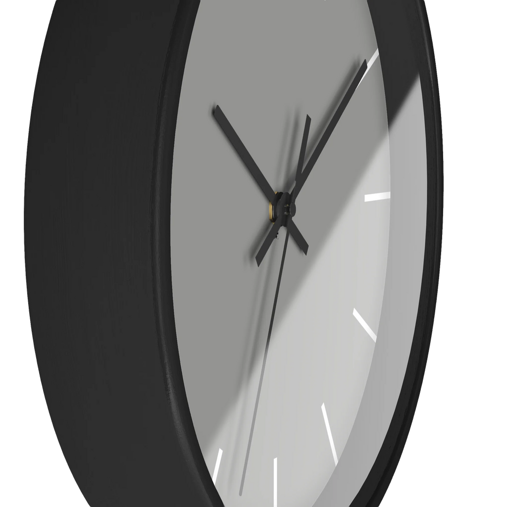 Stardust grey silent wall clock, black base, black hands, white markers, 10 inch, side view.