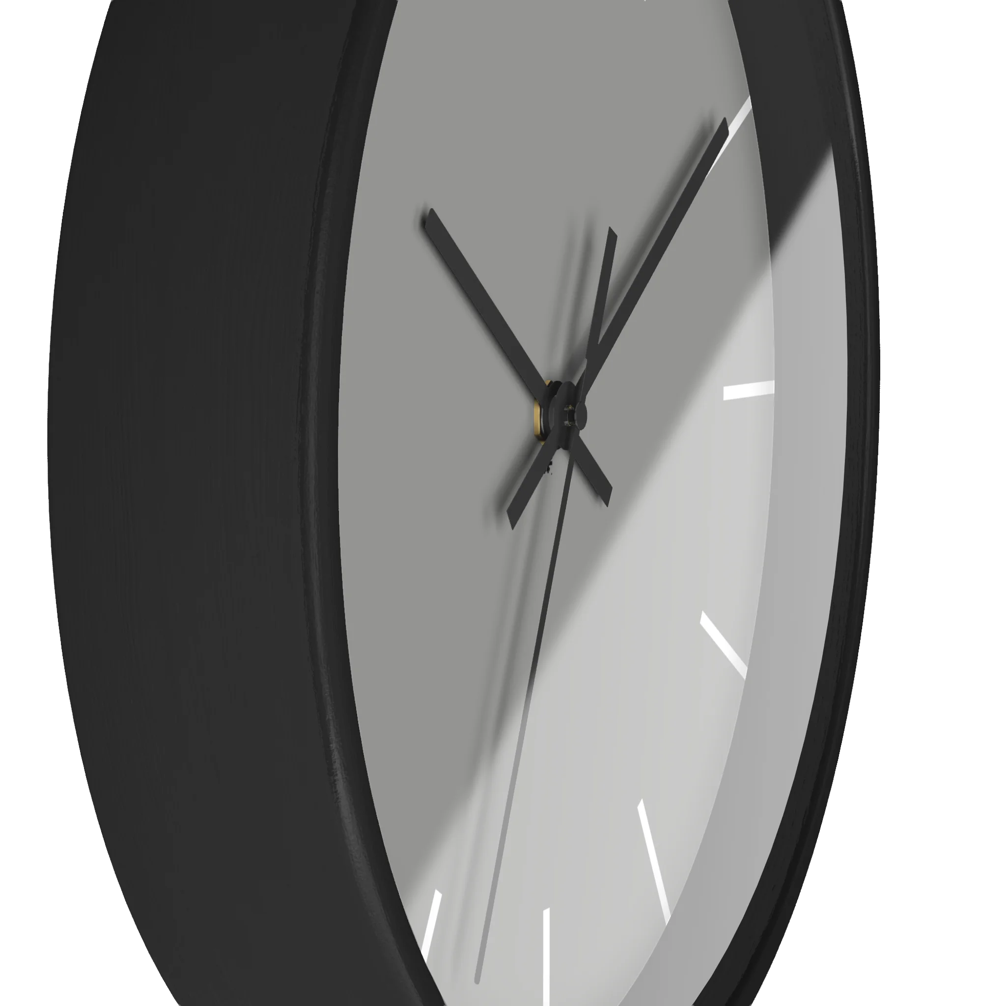 Stardust grey silent wall clock, black base, black hands, white markers, 10 inch, side view.